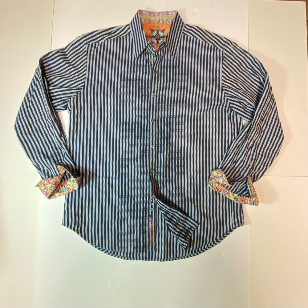 Robert Graham blue/black pinstripe long-sleeve button up. Men’s Large. Like new.